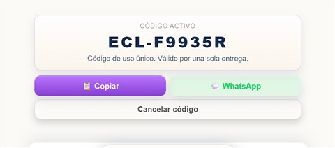 Pantalla real de la App: código Encuéntrame activo, con botones Copiar y WhatsApp para compartirlo