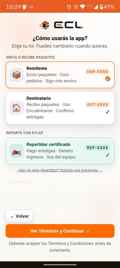 Pantalla real de la App: elegir el rol Remitente, Destinatario o Repartidor certificado