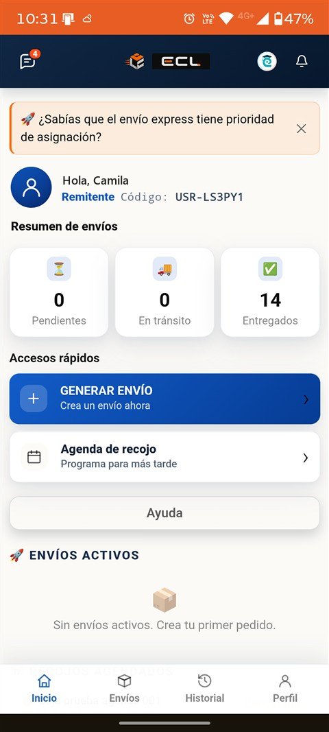 Pantalla real de la App: inicio del remitente con resumen de envíos