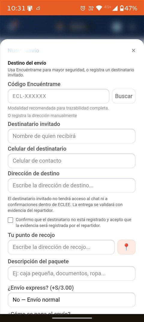 Pantalla real de la App: formulario de nuevo envío